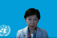 Picture of High Representative Izumi Nakamitsu delivering a video message to the international meeting for peace